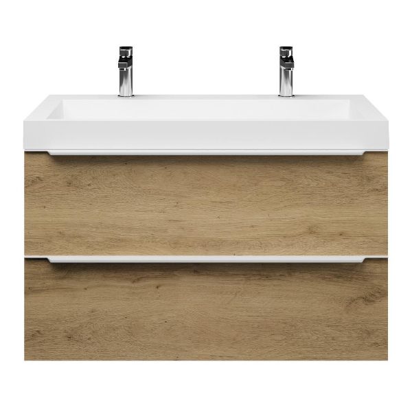 Texel Breskens/Haamstede badmeubel 100x46 2 softclose laden warm eiken met greep naar keuze polystone wastafel wit met 2 kraangaten