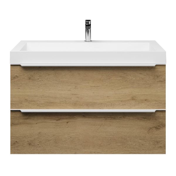 Texel Breskens/Haamstede badmeubel 100x46 2 softclose laden warm eiken met greep naar keuze polystone wastafel wit met 1 kraangat