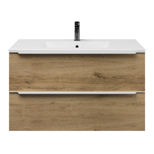 Texel Breskens/Huisduinen badmeubel 100x46 2 softclose laden warm eiken met greep naar keuze keramische wastafel mat wit met 1 kraangat