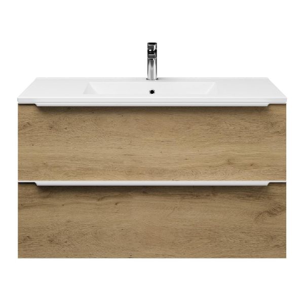 Texel Breskens/Huisduinen badmeubel 100x46 2 softclose laden warm eiken met greep naar keuze keramische wastafel wit met 1 kraangat