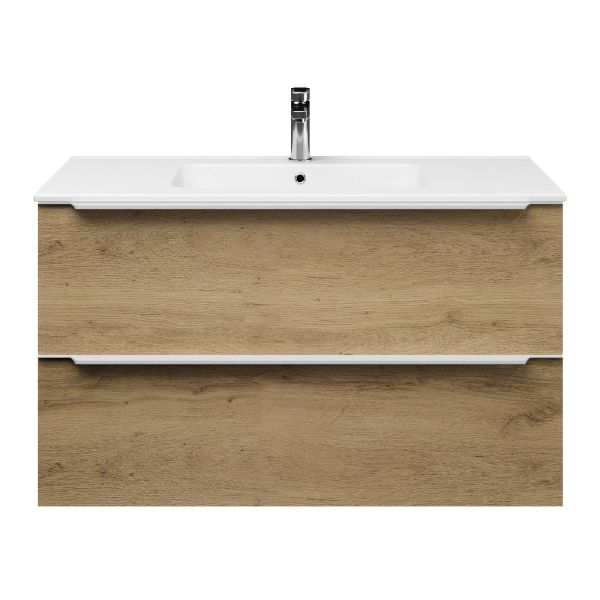 Texel Breskens/Quadra badmeubel 100x46 2 softclose laden warm eiken met greep naar keuze keramische wastafel wit met 1 kraangat