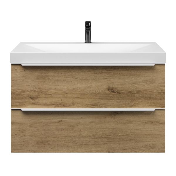 Texel Breskens/Rockanje badmeubel 100x46 2 softclose laden warm eiken met greep naar keuze keramische wastafel wit mat met 1 kraangat