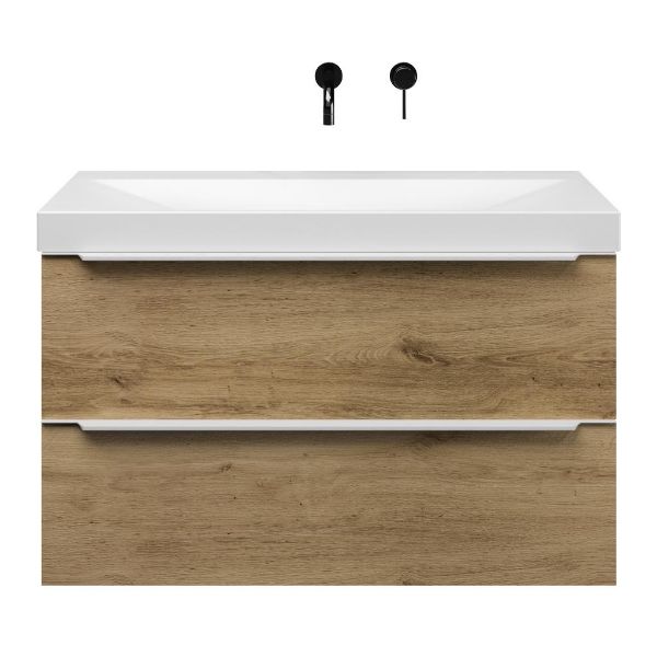 Texel Breskens/Rockanje badmeubel 100x46 2 softclose laden warm eiken met greep naar keuze keramische wastafel wit mat zonder kraangaten