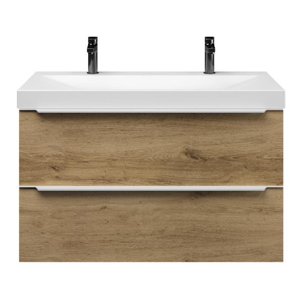 Texel Breskens/Rockanje badmeubel 100x46 2 softclose laden warm eiken met greep naar keuze keramische wastafel wit mat met 2 kraangaten