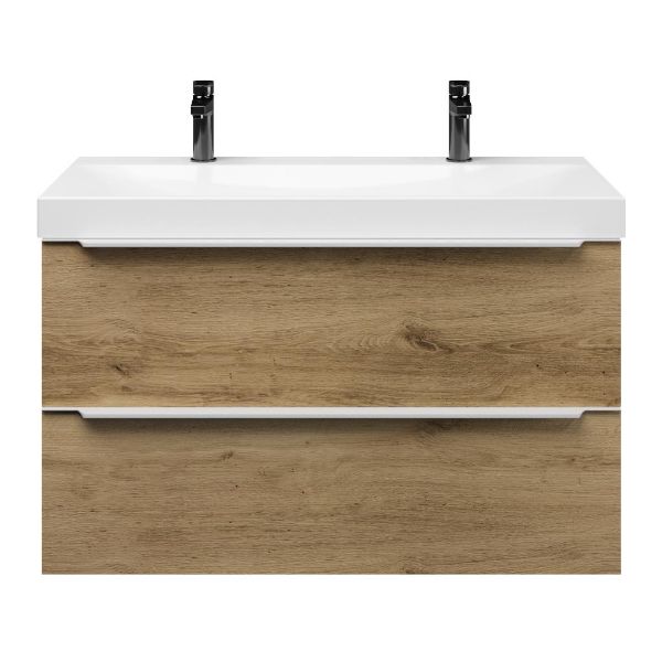 Texel Breskens/Rockanje badmeubel 100x46 2 softclose laden warm eiken met greep naar keuze keramische wastafel wit glans met 2 kraangaten