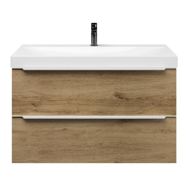 Texel Breskens/Rockanje badmeubel 100x46 2 softclose laden warm eiken met greep naar keuze keramische wastafel wit glans met 1 kraangat