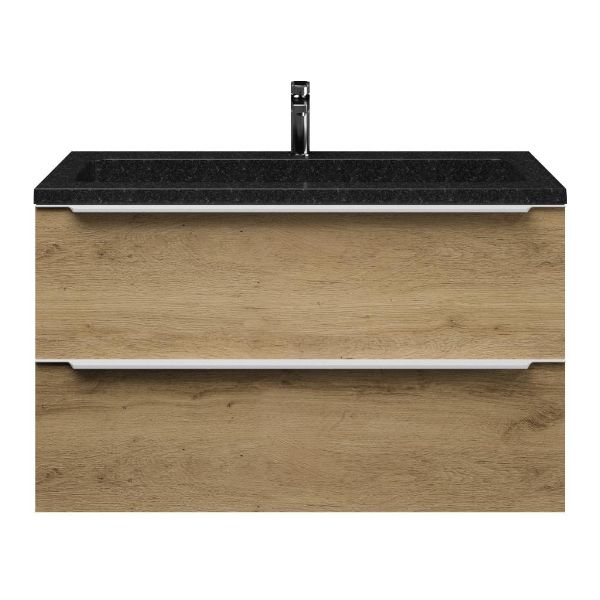 Texel Breskens/Square badmeubel 100x46 2 softclose laden warm eiken met greep naar keuze natuursteen wastafel shanxi black met 1 kraangat