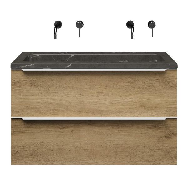Texel Breskens/Square badmeubel 100x46 2 softclose laden warm eiken met greep naar keuze natuursteen wastafel blue stone zonder kraangaten
