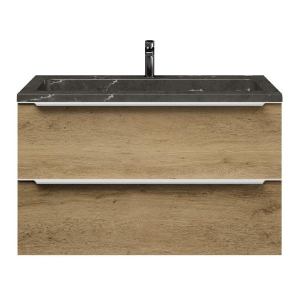 Texel Breskens/Square badmeubel 100x46 2 softclose laden warm eiken met greep naar keuze natuursteen wastafel blue stone met 1 kraangat