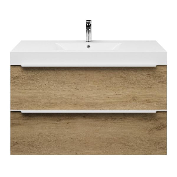 Texel Breskens/Wave badmeubel 100x46 2 softclose laden warm eiken met greep naar keuze polystone wastafel wit met 1 kraangat