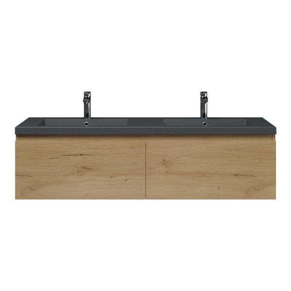 Texel Domburg/Cadzand badmeubel 140x46 2 softclose laden eiken natuur greeploos polystone wastafel dubbel mat grijs met 2 kraangaten