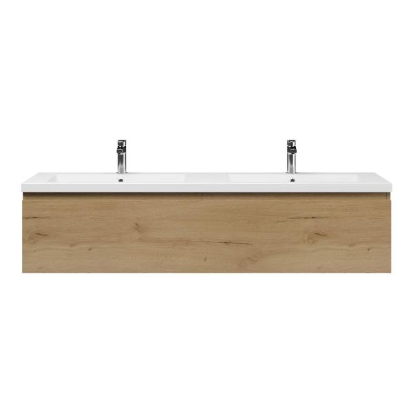 Texel Domburg/Cadzand badmeubel 160x46 2 softclose laden eiken natuur greeploos polystone dubbele wastafel wit 2 kraangaten