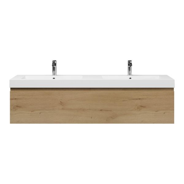 Texel Domburg/Cadzand badmeubel 160x46 2 softclose laden eiken natuur greeploos polystone dubbele wastafel wit 2 kraangaten