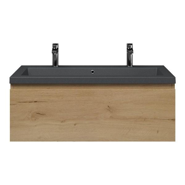 Texel Domburg/Cadzand-Q badmeubel 100x46 1 softclose lade eiken natuur greeploos quartz wastafel mat grijs met 2 kraangaten