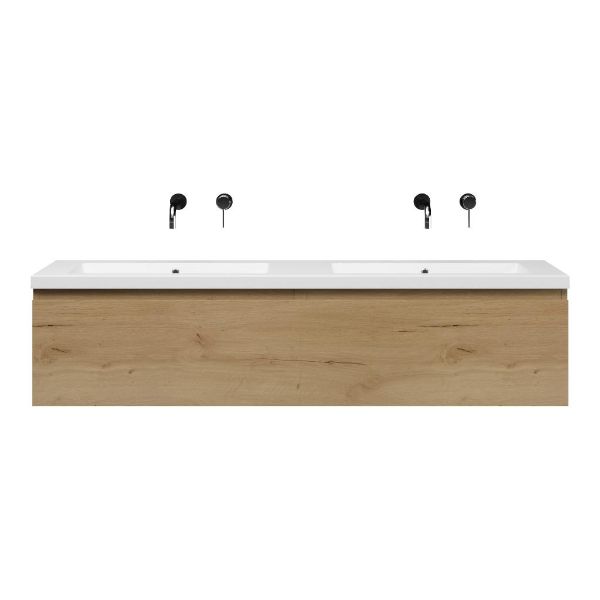 Texel Domburg/Cadzand-Q badmeubel 160x46 2 softclose laden eiken natuur greeploos quartz dubbele wastafel mat wit zonder kraangaten