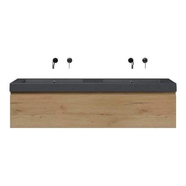 Texel Domburg/Cadzand-Q badmeubel 160x46 2 softclose laden eiken natuur greeploos quartz dubbele wastafel mat grijs zonder kraangaten