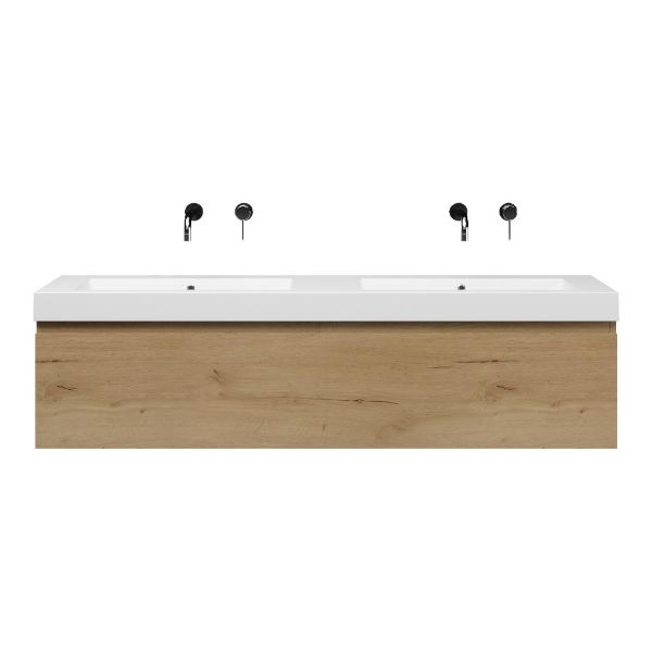 Texel Domburg/Cadzand-Q badmeubel 160x46 2 softclose laden eiken natuur greeploos quartz dubbele wastafel mat wit zonder kraangaten