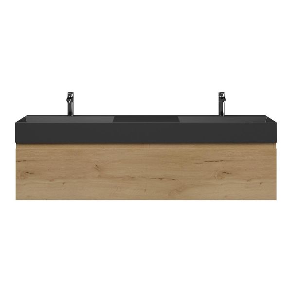 Texel Domburg/Marken badmeubel 160x46 2 softclose laden eiken natuur greeploos keramiek dubbele wastafel mat zwart 2 kraangaten