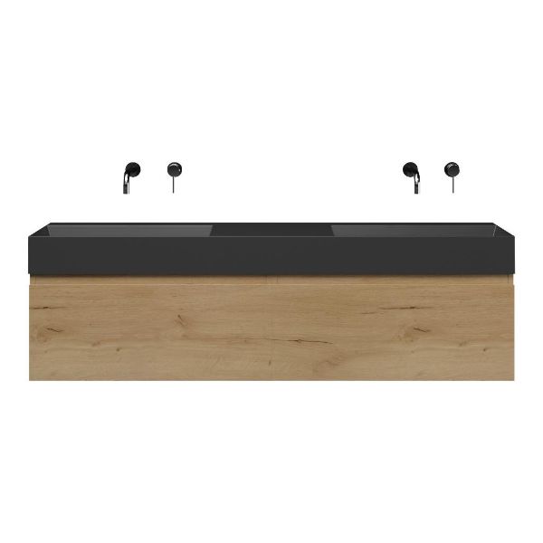 Texel Domburg/Marken badmeubel 160x46 2 softclose laden eiken natuur greeploos keramiek dubbele wastafel mat zwart zonder kraangaten