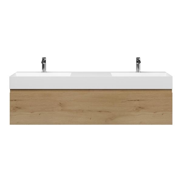 Texel Domburg/Marken badmeubel 160x46 2 softclose laden eiken natuur greeploos keramiek dubbele wastafel mat wit 2 kraangaten