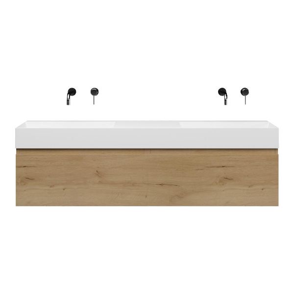 Texel Domburg/marken badmeubel 160x46 2 softclose laden eiken natuur greeploos keramiek dubbele wastafel wit zonder kraangaten