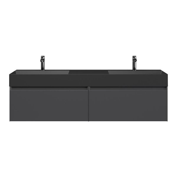 Texel Domburg/Marken badmeubel 160x46 2 softclose laden mat antraciet greeploos keramiek dubbele wastafel mat zwart met 2 kraangaten