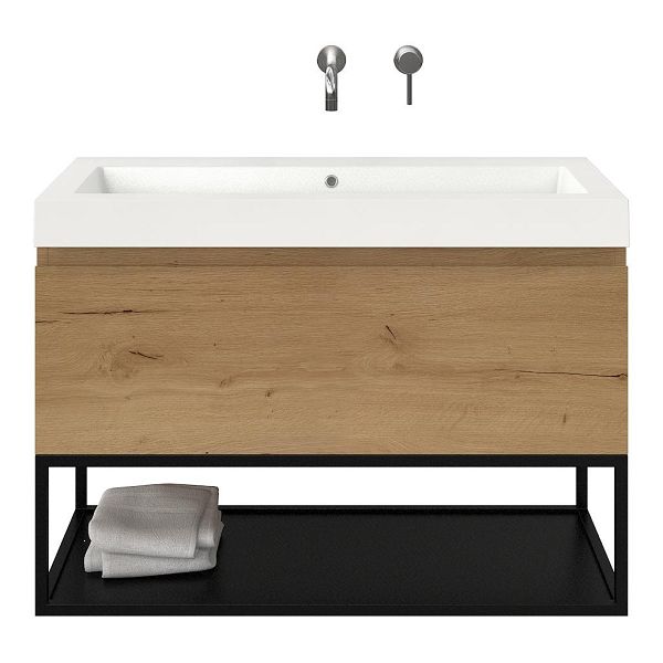 Texel Domburg/Veere/Cadzand badmeubel 100x46 1 softclose lade eiken natuur greeploos polystone wastafel wit zonder kraangaten met mat zwart metalen frame
