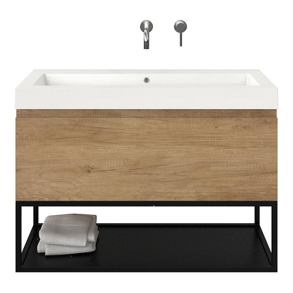Texel Domburg/Veere/Cadzand badmeubel 100x46 1 softclose lade olm greeploos polystone wastafel wit zonder kraangaten met mat zwart metalen frame, 70 cm hoog