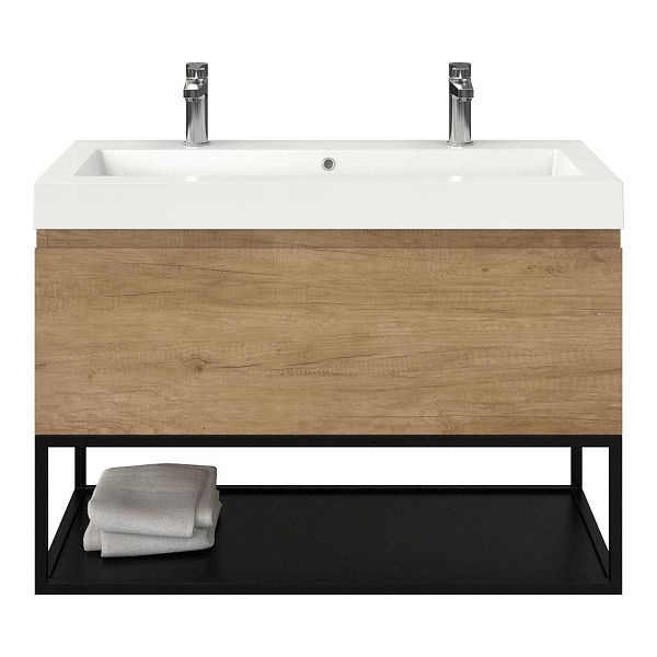 Texel Domburg/Veere/Cadzand badmeubel 100x46 1 softclose lade olm greeploos polystone wastafel wit met 2 kraangaten met mat zwart metalen frame, 70 cm hoog