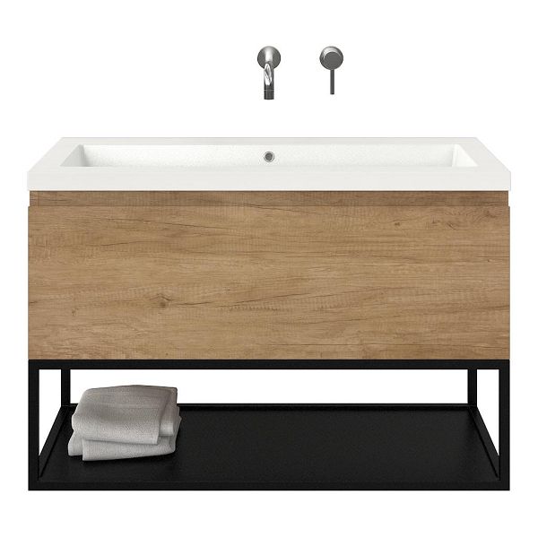 Texel Domburg/Veere/Cadzand badmeubel 100x46 1 softclose lade olm greeploos polystone wastafel wit zonder kraangaten met mat zwart metalen frame, 66 cm hoog