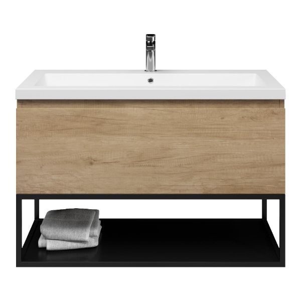 Texel Domburg/Veere/Cadzand badmeubel 100x46 1 softclose lade olm greeploos polystone wastafel mat wit met 1 kraangat met mat zwart metalen frame