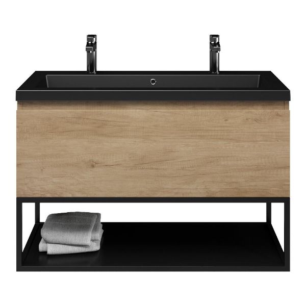 Texel Domburg/Veere/Cadzand badmeubel 100x46 1 softclose lade olm greeploos polystone wastafel mat zwart met 2 kraangaten met mat zwart metalen frame