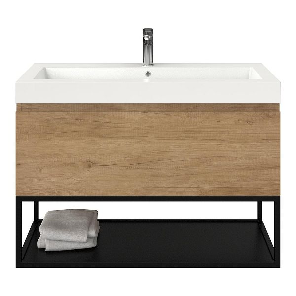 Texel Domburg/Veere/Cadzand badmeubel 100x46 1 softclose lade olm greeploos polystone wastafel wit met 1 kraangat met mat zwart metalen frame, 70 cm hoog