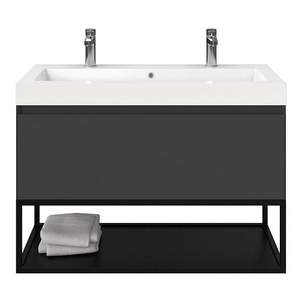 Texel Domburg/Veere/Cadzand badmeubel 100x46 1 softclose lade antraciet mat greeploos polystone wastafel wit met 2 kraangaten met mat zwart metalen frame
