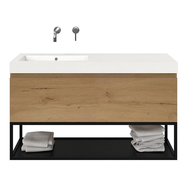Texel Domburg/Veere/Cadzand badmeubel 120x46 1 softclose lade eiken natuur greeploos polystone wastafel wit zonder kraangaten met mat zwart metalen frame
