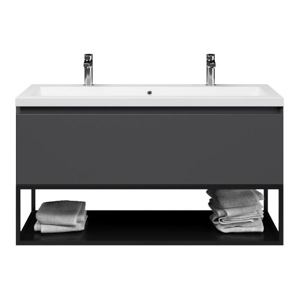 Texel Domburg/Veere/Cadzand badmeubel 120x46 1 softclose lade mat antraciet greeploos polystone wastafel mat wit 2 kraangaten met mat zwart metalen frame