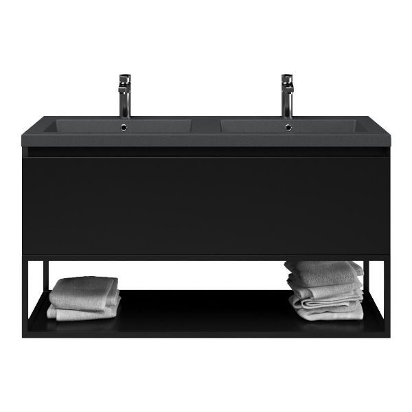 Texel Domburg/Veere/Cadzand badmeubel 120x46 1 softclose lade zwart mat greeploos polystone wastafel dubbel mat grijs met 2 kraangaten met mat zwart metalen frame