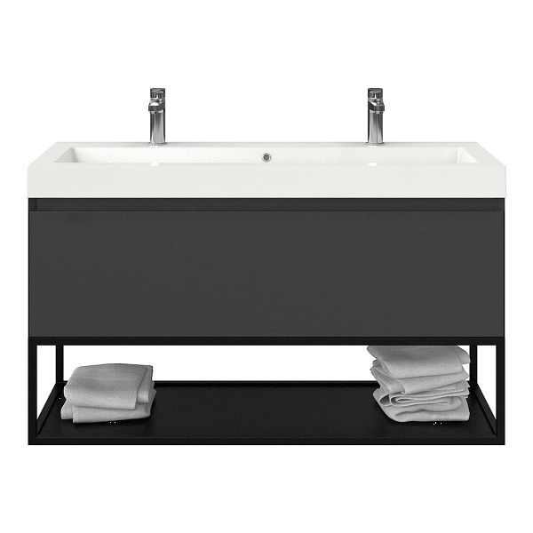 Texel Domburg/Veere /Cadzand badmeubel 120x46 1 softclose lade antraciet mat greeploos polystone wastafel wit met 2 kraangaten met mat zwart metalen frame