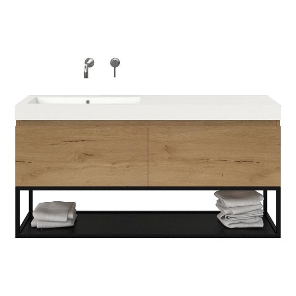 Texel Domburg/Veere/Cadzand badmeubel 140x46 2 softclose laden eiken natuur greeploos polystone wastafel wit zonder kraangaten met mat zwart metalen frame