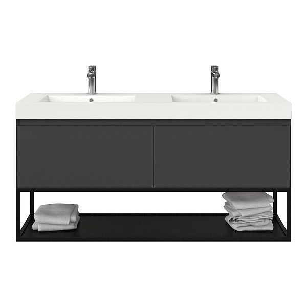 Texel Domburg/Veere/Cadzand badmeubel 140x46 2 softclose laden antraciet mat greeploos polystone wastafel dubbel wit met 2 kraangaten met mat zwart metalen frame