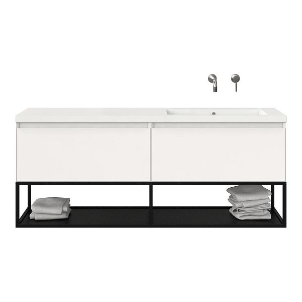 Texel Domburg/Veere/Cadzand badmeubel 160x46 2 softclose laden hoogglans wit greeploos polystone enkele wastafel rechts zonder kraangat met mat zwart metalen frame, 66 cm hoog