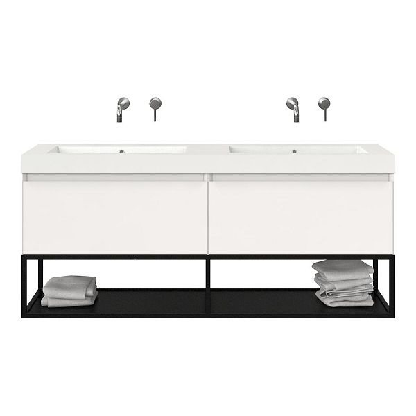 Texel Domburg/Veere/Cadzand badmeubel 160x46 2 softclose laden hoogglans wit greeploos polystone dubbele wastafel wit zonder kraangaten met mat zwart metalen frame, 70 cm hoog