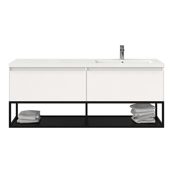 Texel Domburg/Veere/Cadzand badmeubel 160x46 2 softclose laden hoogglans wit greeploos polystone enkele wastafel rechts wit met 1 kraangat met mat zwart metalen frame, 66 cm hoog