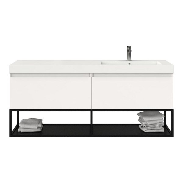 Texel Domburg/Veere/Cadzand badmeubel 160x46 2 softclose laden hoogglans wit greeploos polystone enkele wastafel rechts wit met 1 kraangat met mat zwart metalen frame, 70 cm hoog