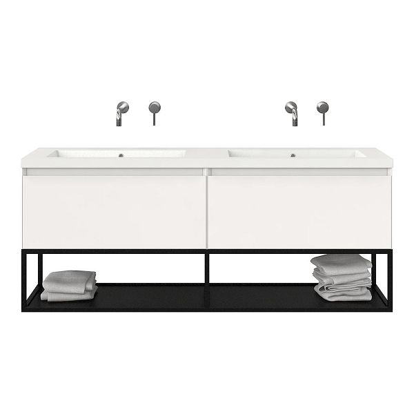 Texel Domburg/Veere/Cadzand badmeubel 160x46 2 softclose laden hoogglans wit greeploos polystone dubbele wastafel wit zonder kraangaten met mat zwart metalen frame, 66 cm hoog