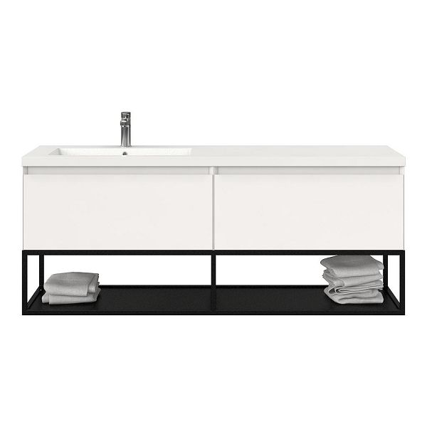 Texel Domburg/Veere/Cadzand badmeubel 160x46 2 softclose laden hoogglans wit greeploos polystone enkele wastafel links wit met 1 kraangat met mat zwart metalen frame, 66 cm hoog