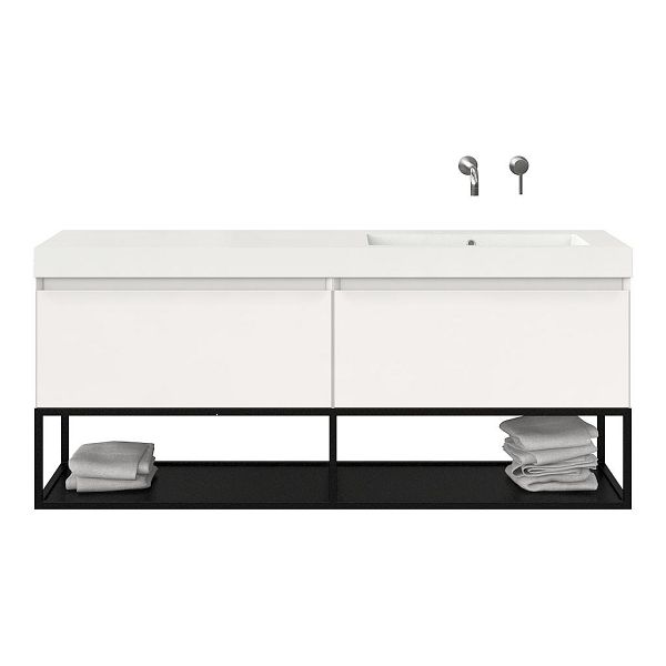 Texel Domburg/Veere/Cadzand badmeubel 160x46 2 softclose laden hoogglans wit greeploos polystone enkele wastafel rechts zonder kraangat met mat zwart metalen frame, 70 cm hoog