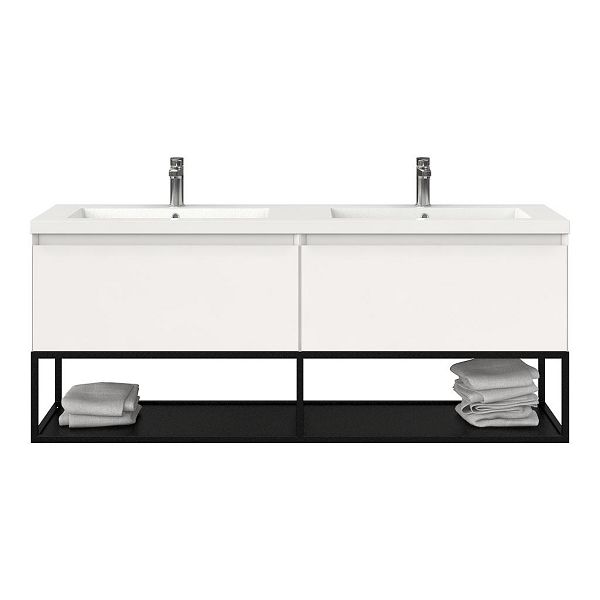 Texel Domburg/Veere/Cadzand badmeubel 160x46 2 softclose laden hoogglans wit greeploos polystone dubbele wastafel wit met 2 kraangaten met mat zwart metalen frame, 66 cm hoog