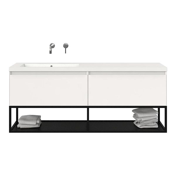 Texel Domburg/Veere/Cadzand badmeubel 160x46 2 softclose laden hoogglans wit greeploos polystone enkele wastafel links zonder kraangat met mat zwart metalen frame, 66 cm hoog