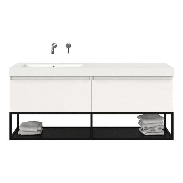 Texel Domburg/Veere/Cadzand badmeubel 160x46 2 softclose laden hoogglans wit greeploos polystone enkele wastafel links zonder kraangat met mat zwart metalen frame, 70 cm hoog
